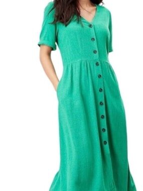 Green Button-Front V-Neck Dress